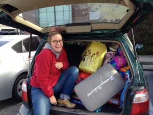 Faith liaision, Abby Mohaupt, with carload of blankets. First Presbyterian Church of Palo Alto served as a Peninsula drop-off point.