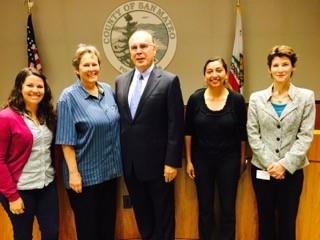 Big day on the South Coast — The San Mateo County Board of Supervisors voted unanimously yesterday to fund Puente’s first community health worker/promotora program.  from left to right: Molly Wolfes, Kerry Lobel, Supervisor Don Horsley, Rita Mancera, and Dr. Susan Ehrlich, Chief Executive Officer at San Mateo Medical Center.
